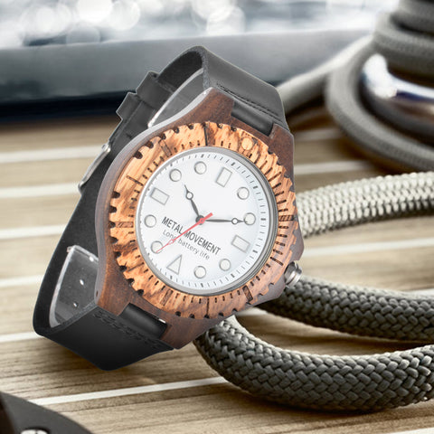 Quartz large dial leather strap wooden watch