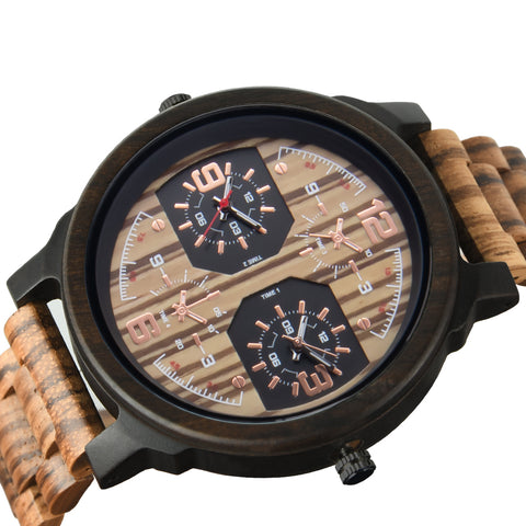 Wristwatches Quartz Luminous Watch Men Wooden Large Dial Dual Time Zones Wristwatch Casual Fashion