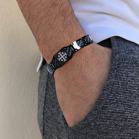 Charcoal fiber Jerusalem cross energy bracelet
