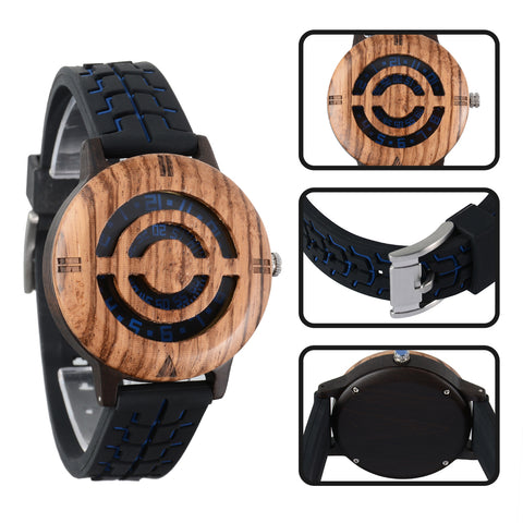 Handmade Nature Wood Turnable Dial Men's Quartz Wristwatch Full Bamboo Strap