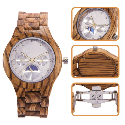 New Men's Sun Moon Star Wooden Quartz Marble Watch