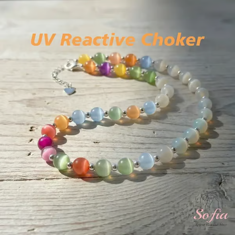 Sofia Dopamine UV Reactive 🌈Rainbow Beaded Choker, Waterproof Stackable Summer Necklace
