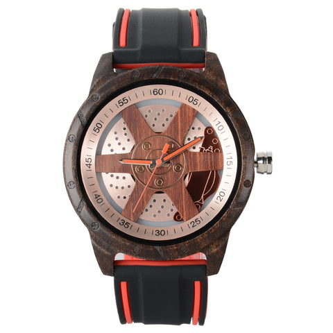 Orologi di Legno Degli Uomini con Cinturino in Silicone Design del Mozzo del Cerchio dell'Automobile Elegante in Legno Naturale Fatto a Mano Orologio da Polso per l'Uom