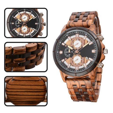 Large Dial Quartz Multifunction Wooden Watch