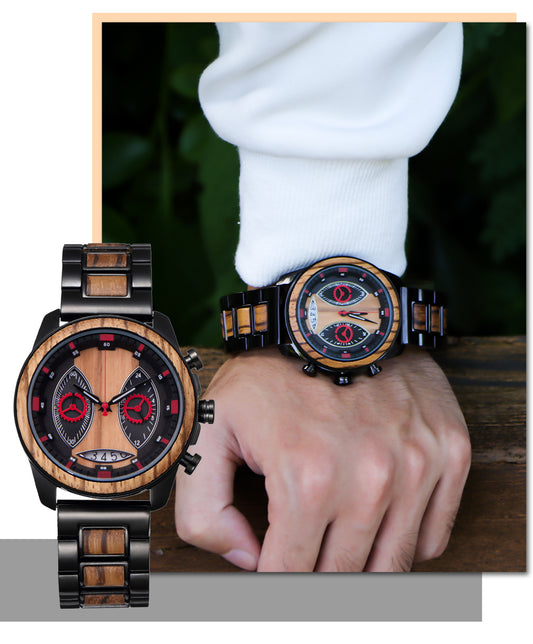Fashion large dial multifunctional alloy wood quartz watch