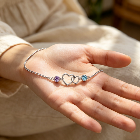 Mother&Daughter Connected By Heart Double Birthstones Bracelet
