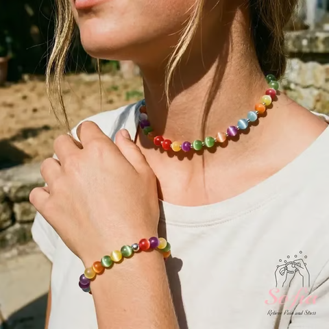 Sofia Dopamine UV Reactive 🌈Rainbow Beaded Choker, Waterproof Stackable Summer Necklace