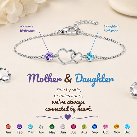 Mother&Daughter Connected By Heart Double Birthstones Bracelet