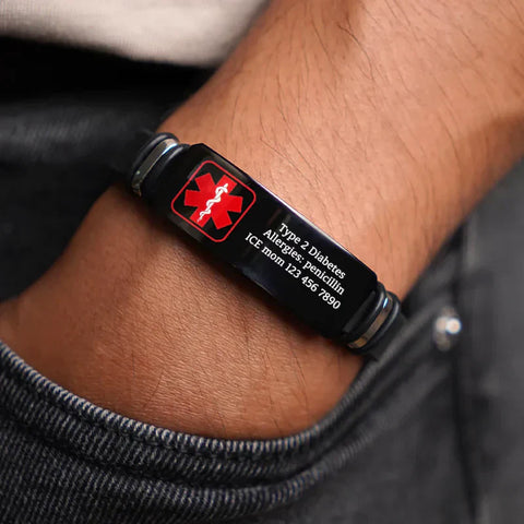 Personalized Black Silicone Bracelet with Red Medical Symbol, Unique Gift for Mom & Dad