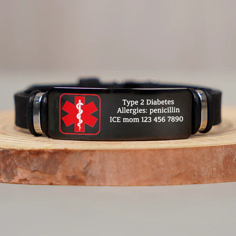 Personalized Black Silicone Bracelet with Red Medical Symbol, Unique Gift for Mom & Dad