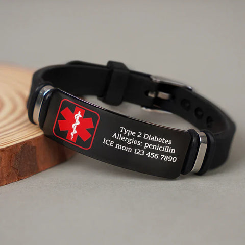 Personalized Black Silicone Bracelet with Red Medical Symbol, Unique Gift for Mom & Dad