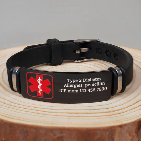 Personalized Black Silicone Bracelet with Red Medical Symbol, Unique Gift for Mom & Dad