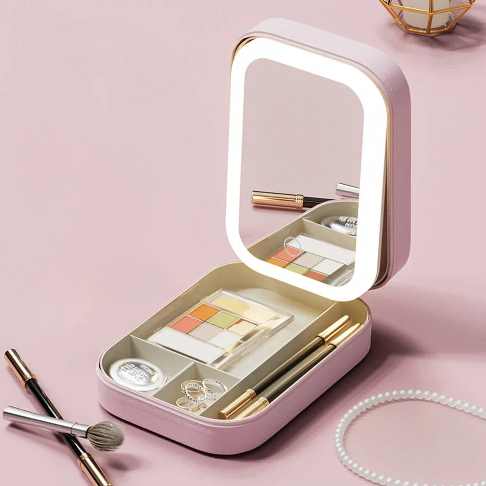 Illuminate Your Beauty Routine with the LED Mirror Makeup Storage Box - The Ultimate Portable Travel Makeup Case!