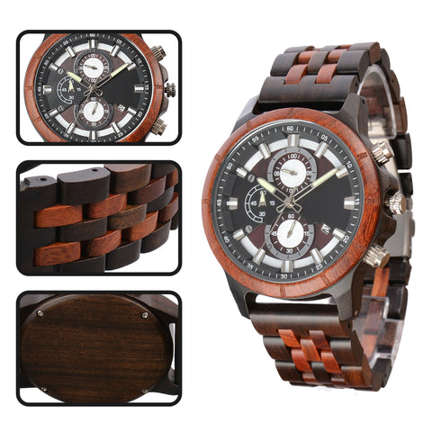 Large Dial Quartz Multifunction Wooden Watch