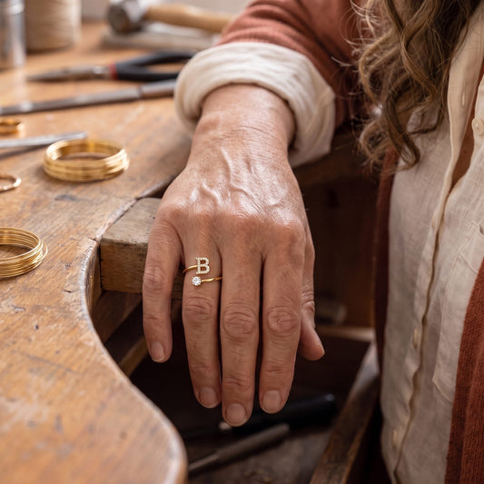 Artisan Hand-Stamped Initial Ring with Dainty Gem