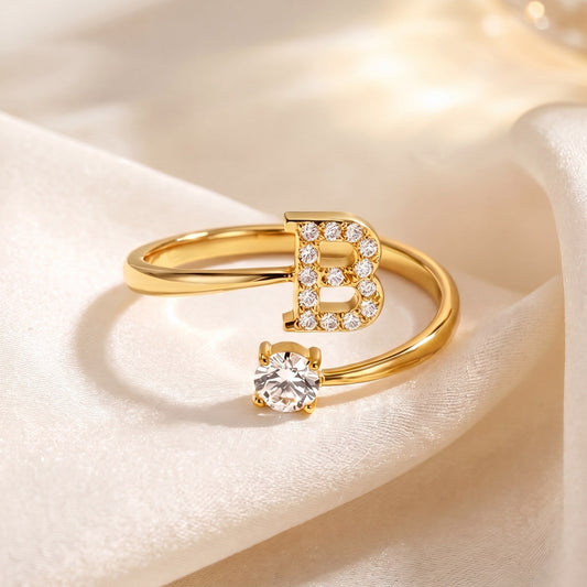 Artisan Hand-Stamped Initial Ring with Dainty Gem