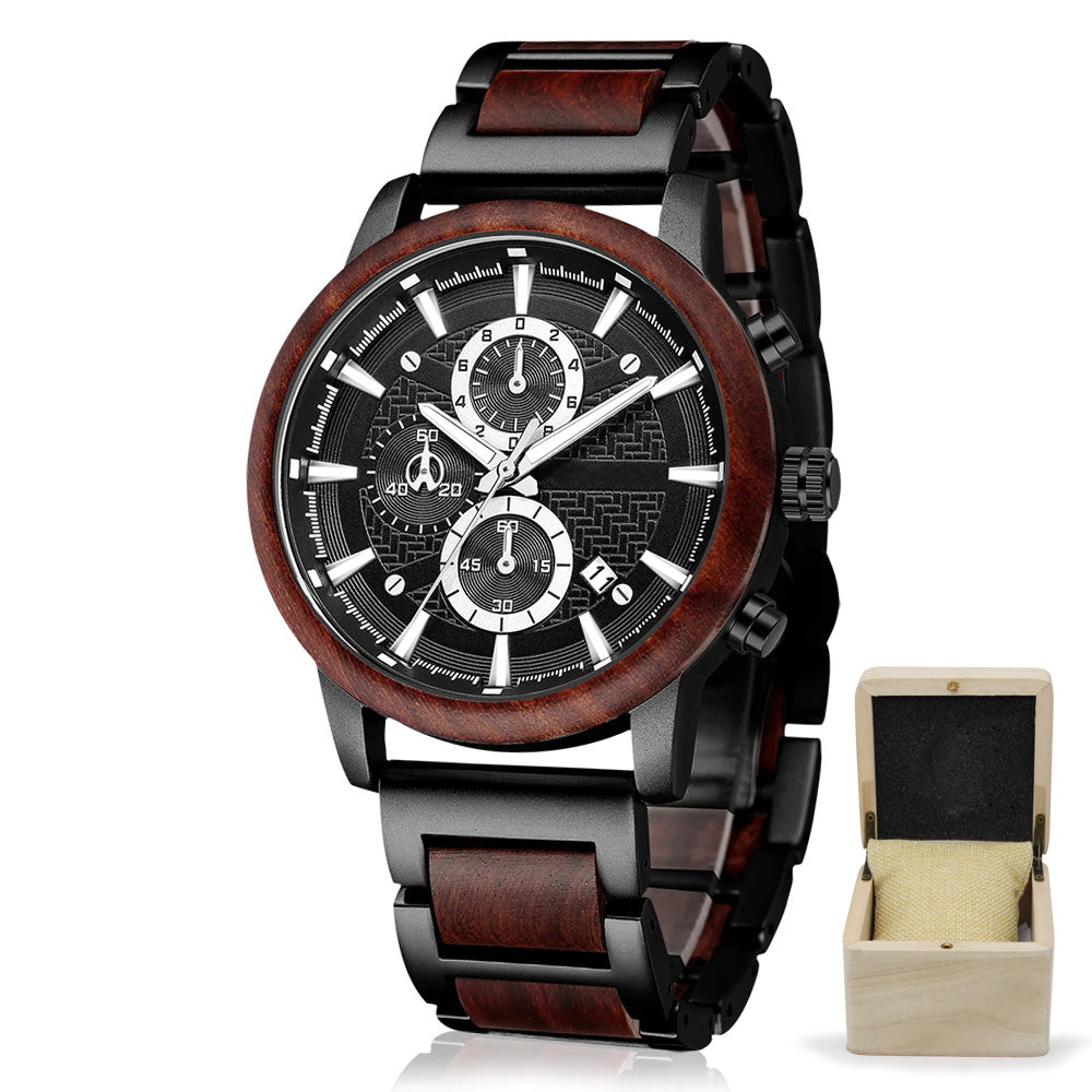 Shifenmei-S3016 Men’s Wooden Watch – Red Sandalwood & Steel, Quartz Chronograph